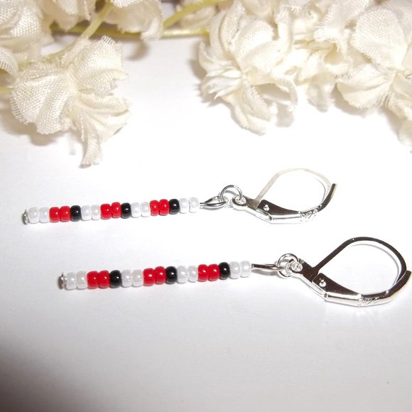 Linear Seed Bead Drop Earring Minimalist Sleek White Pearl Black Red Set A725 - Picture 5 of 9
